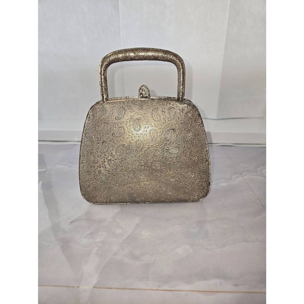 Vintage 1950s Silver Paisley Embossed Womens Evening Bag